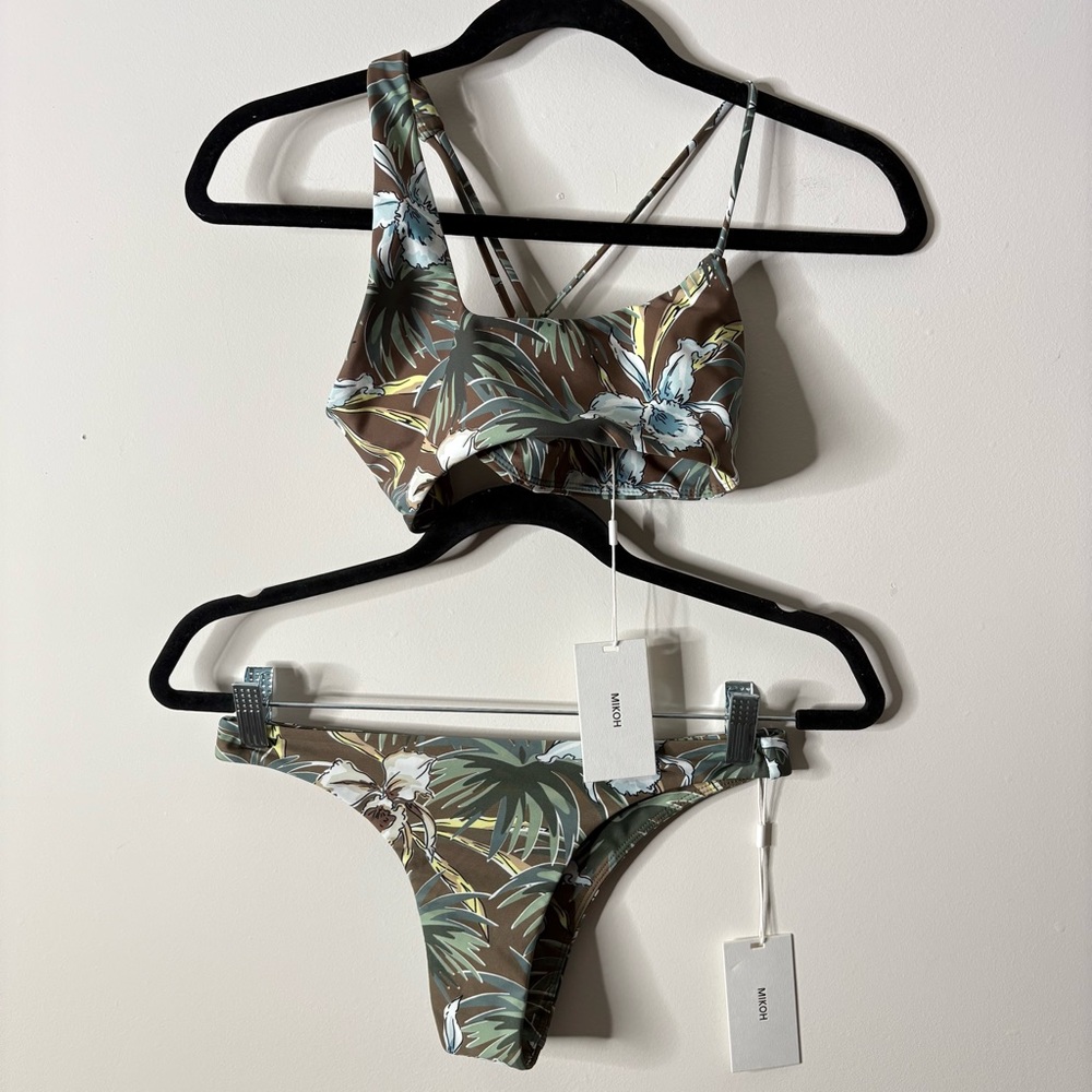 Mikoh Brown Tropical Floral Bikini Set with Green and Light Blue Accents